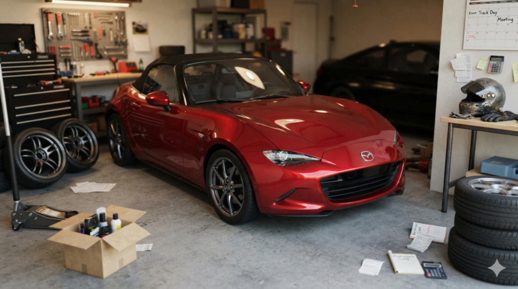 ガレージの中でカスタムパーツや工具に囲まれたソウルレッドのマツダ・ロードスター（ND型）のリアルな写真